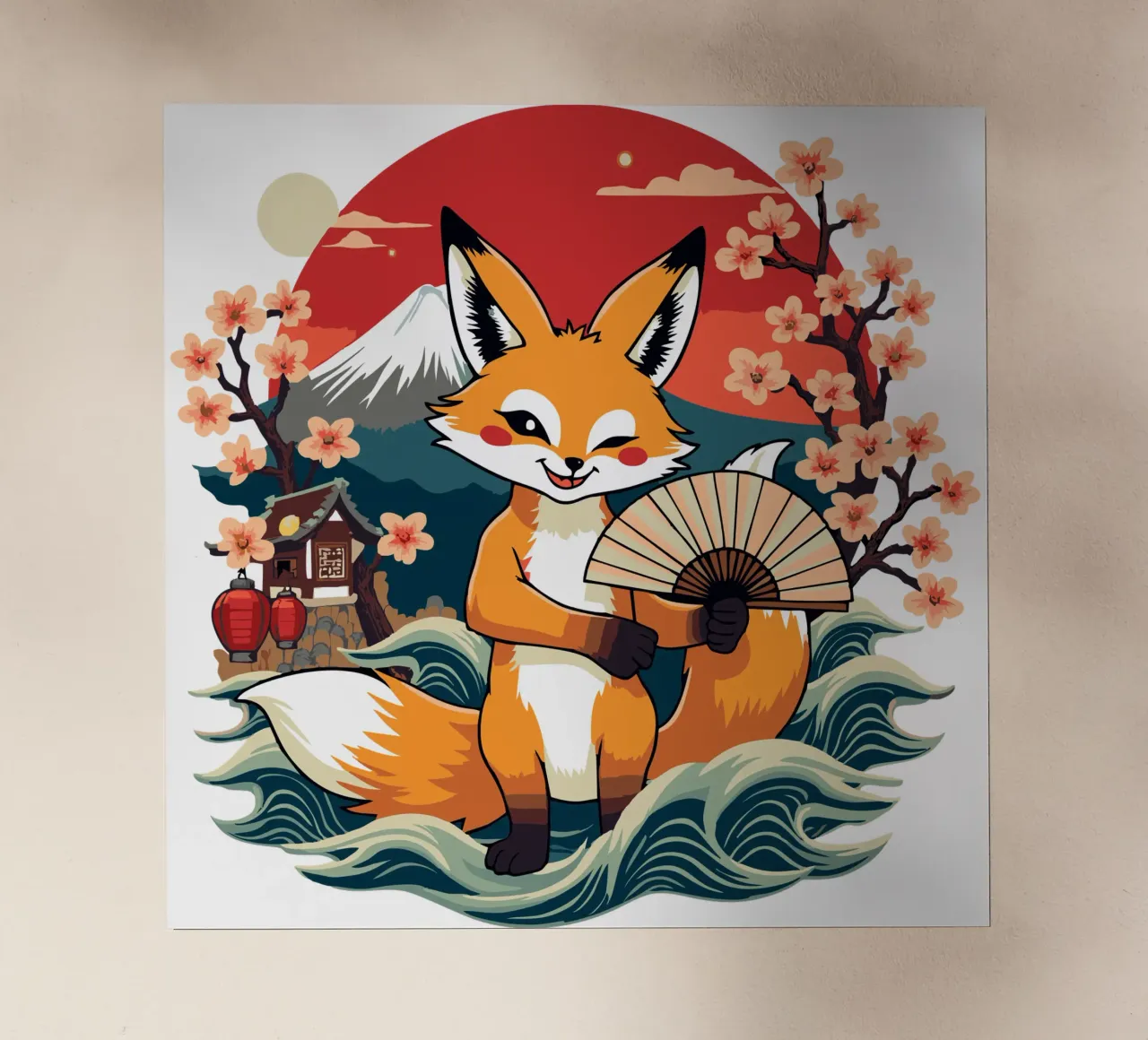 Simpatica volpe giapponese Kitsune con ventaglio - Monte Fuji e ciliegio in fiore pellicola backlit da artdesign1985
