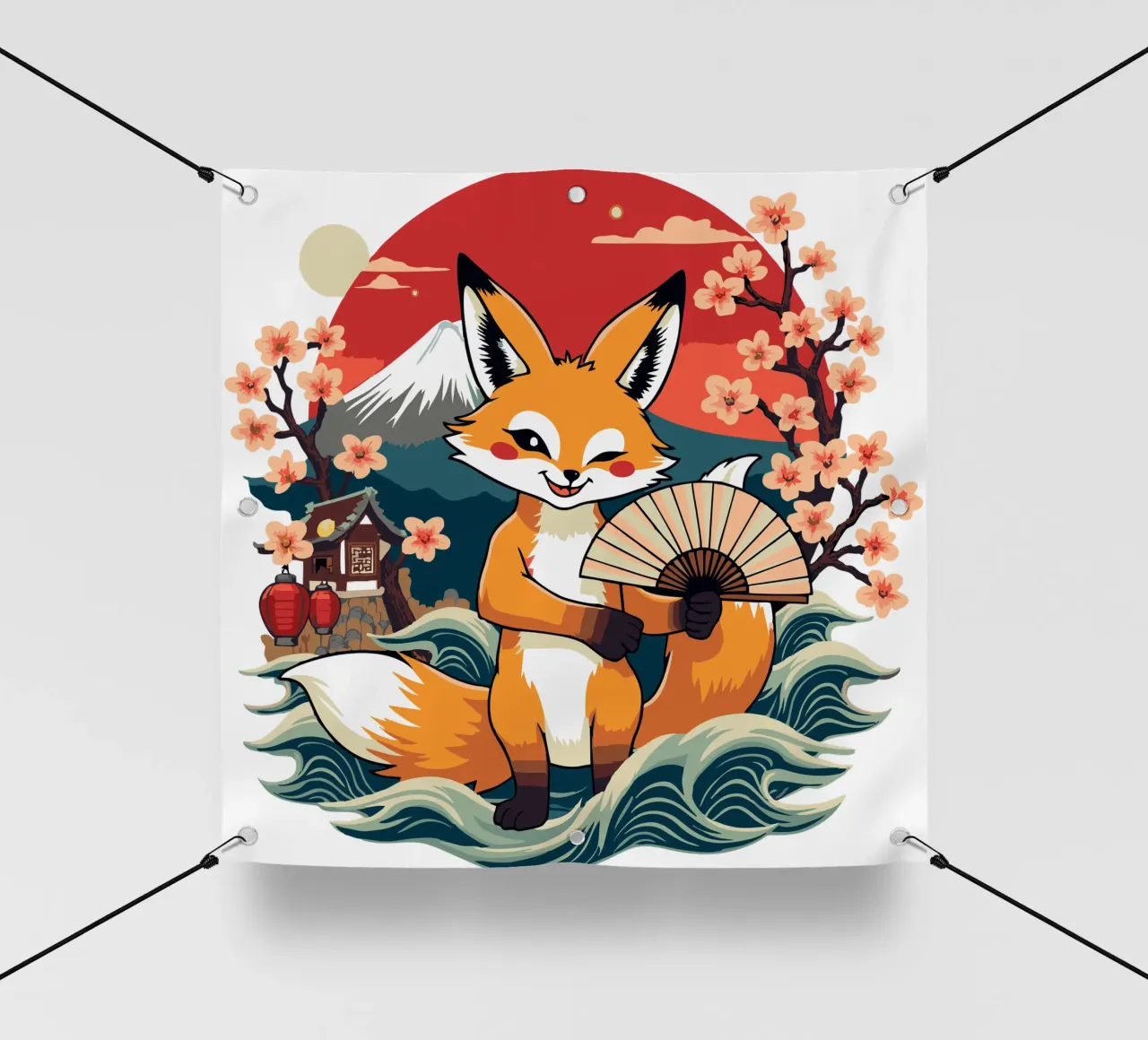 Simpatica volpe giapponese Kitsune con ventaglio - Monte Fuji e ciliegio in fiore telo in pvc da artdesign1985