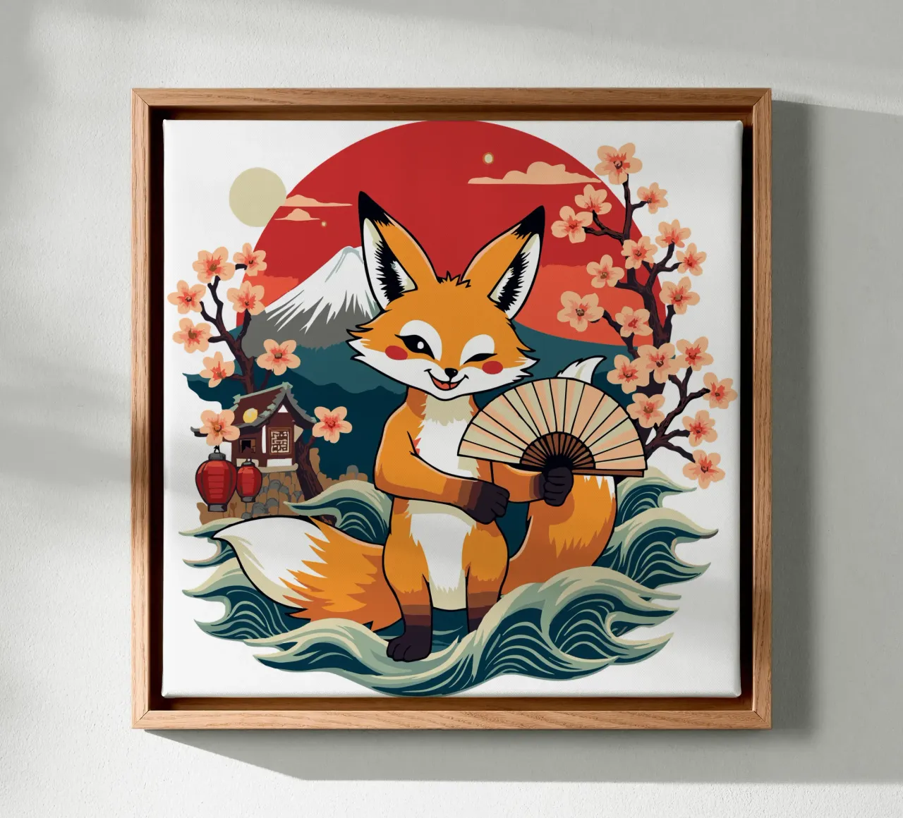 Simpatica volpe giapponese Kitsune con ventaglio - Monte Fuji e ciliegio in fiore tela con Cornice a cassetta da artdesign1985