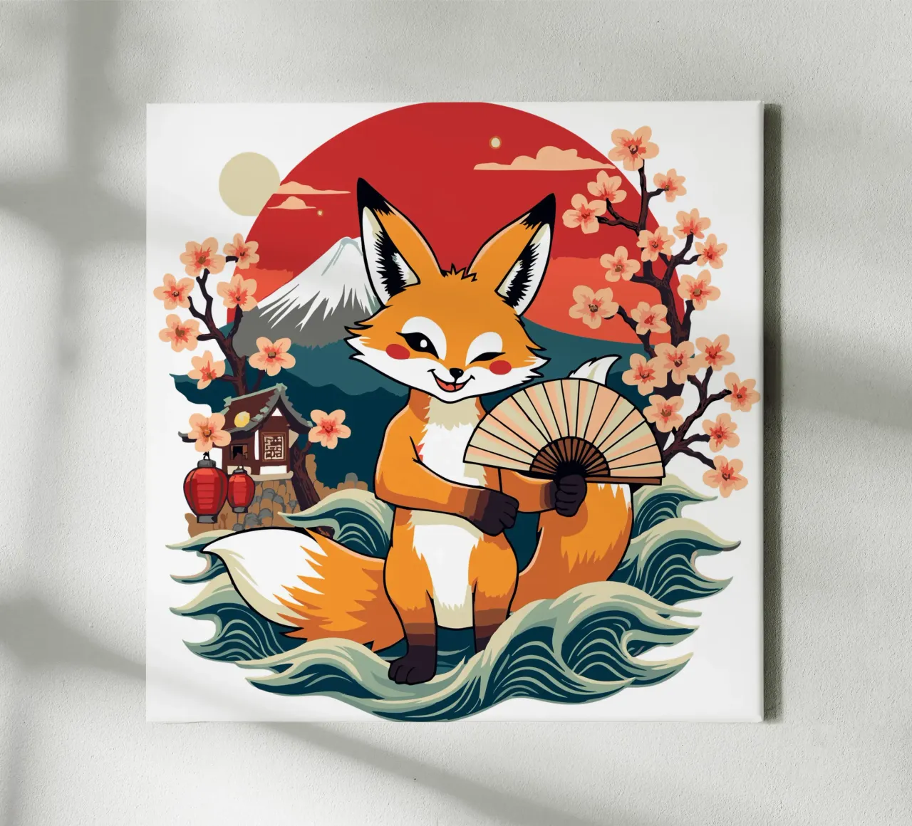 Simpatica volpe giapponese Kitsune con ventaglio - Monte Fuji e ciliegio in fiore tela con Cornice a cassetta da artdesign1985