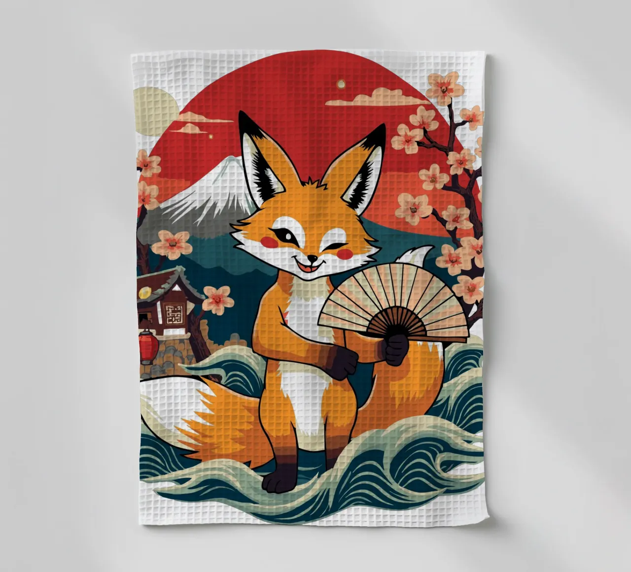 Simpatica volpe giapponese Kitsune con ventaglio - Monte Fuji e ciliegio in fiore canovaccio da cucina da artdesign1985