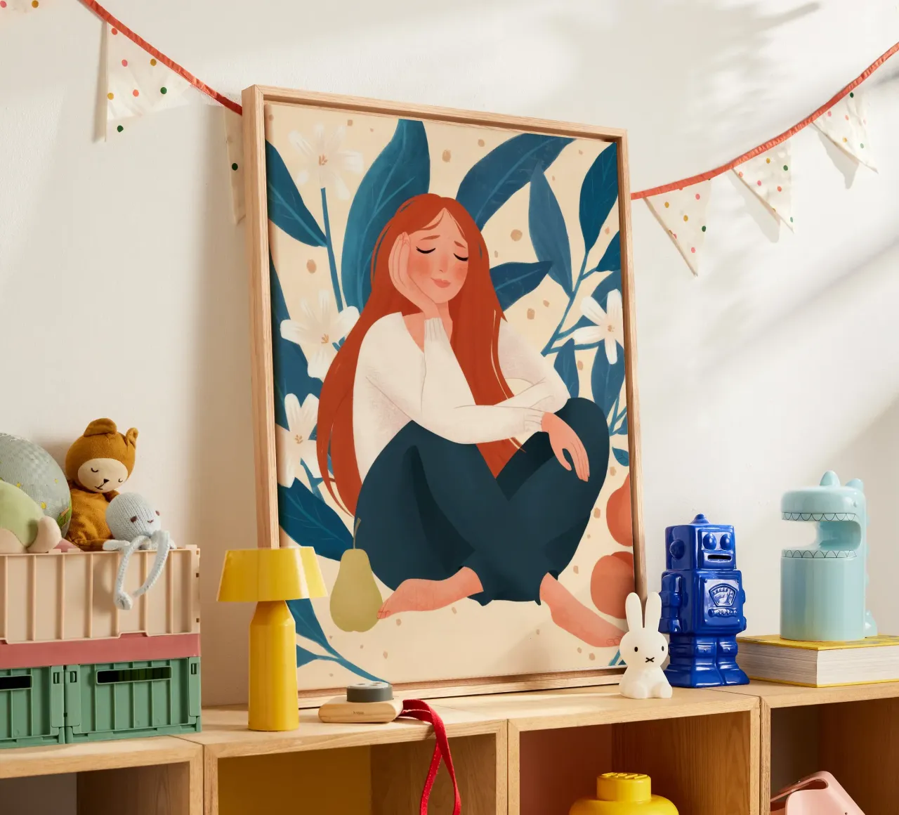 Omarming met blauw blad canvas met Baklijst van Peak Delusion
