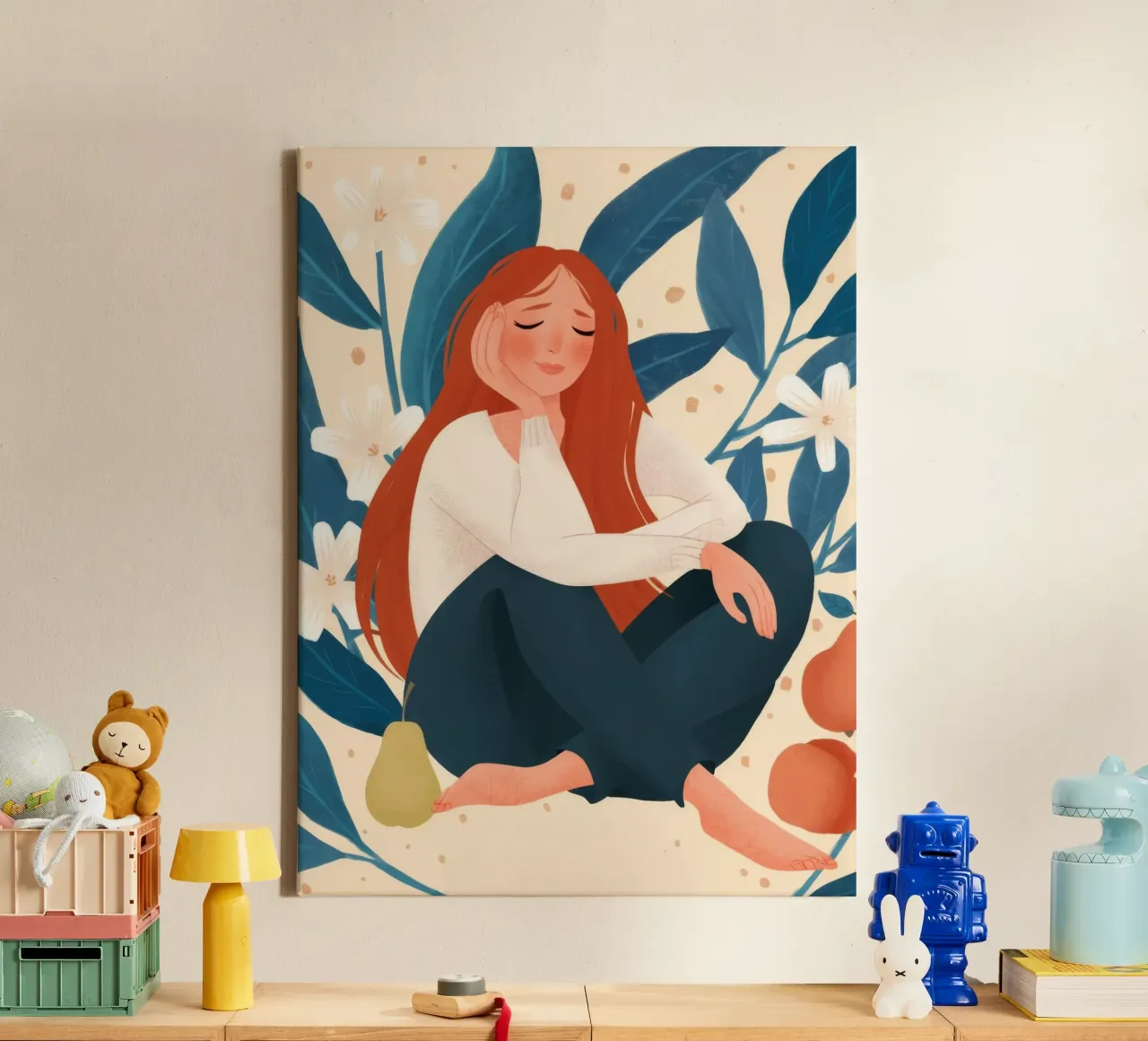 Omarming met blauw blad canvas met Baklijst van Peak Delusion