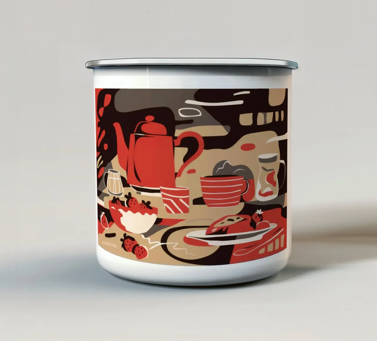Red Pot Tea Party enamel mug by Stone Decade