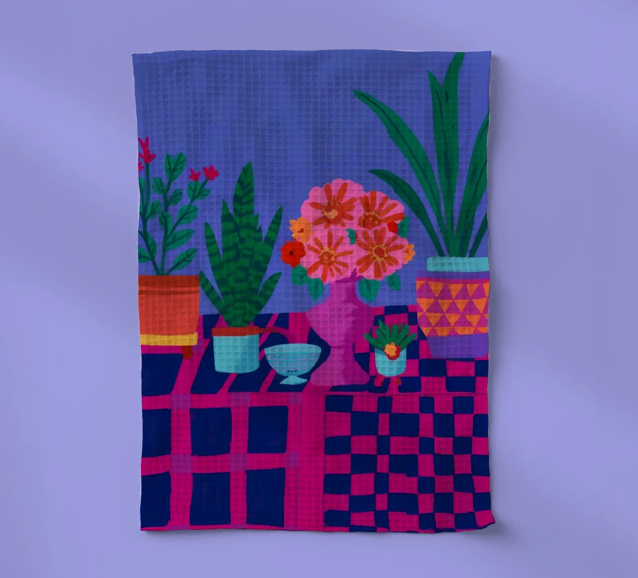 Geraniums in geruite pot theedoek van Muse Artworks
