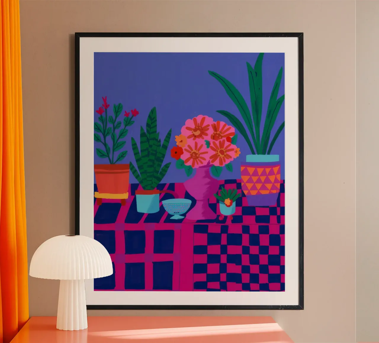 Geraniums in geruite pot hahnemühle van Muse Artworks