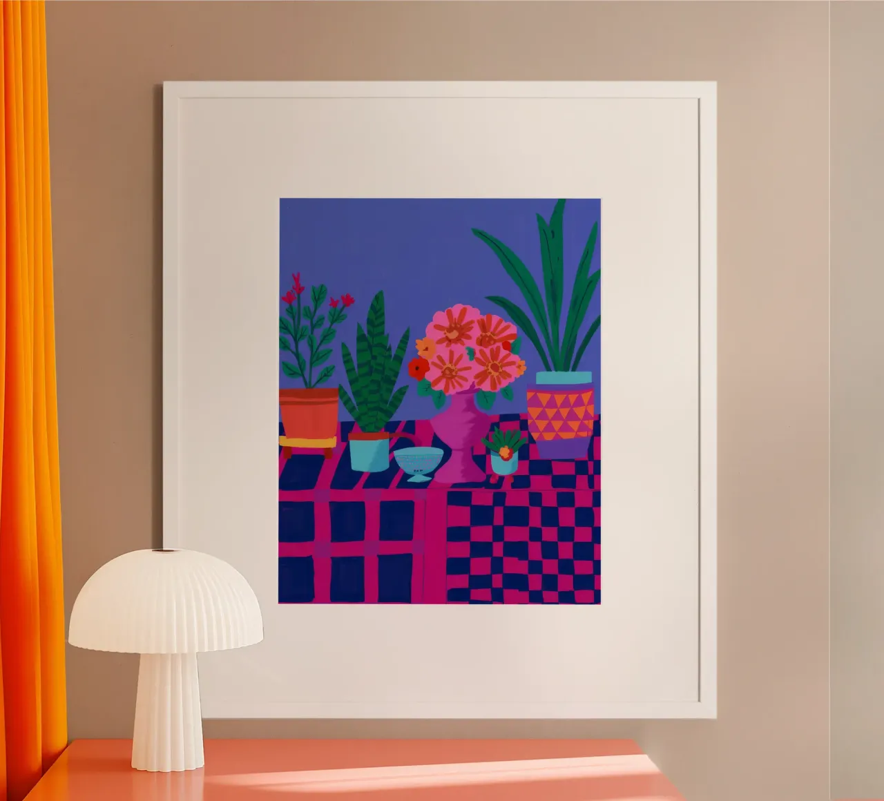 Geraniums in geruite pot hahnemühle van Muse Artworks