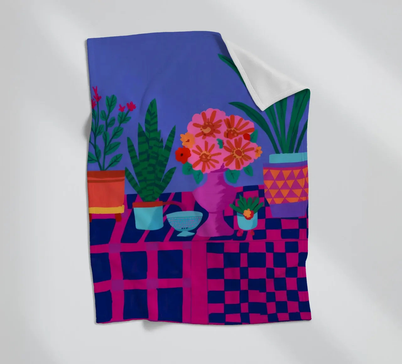 Checkered Pot Geraniums fleece blanket by Muse Artworks