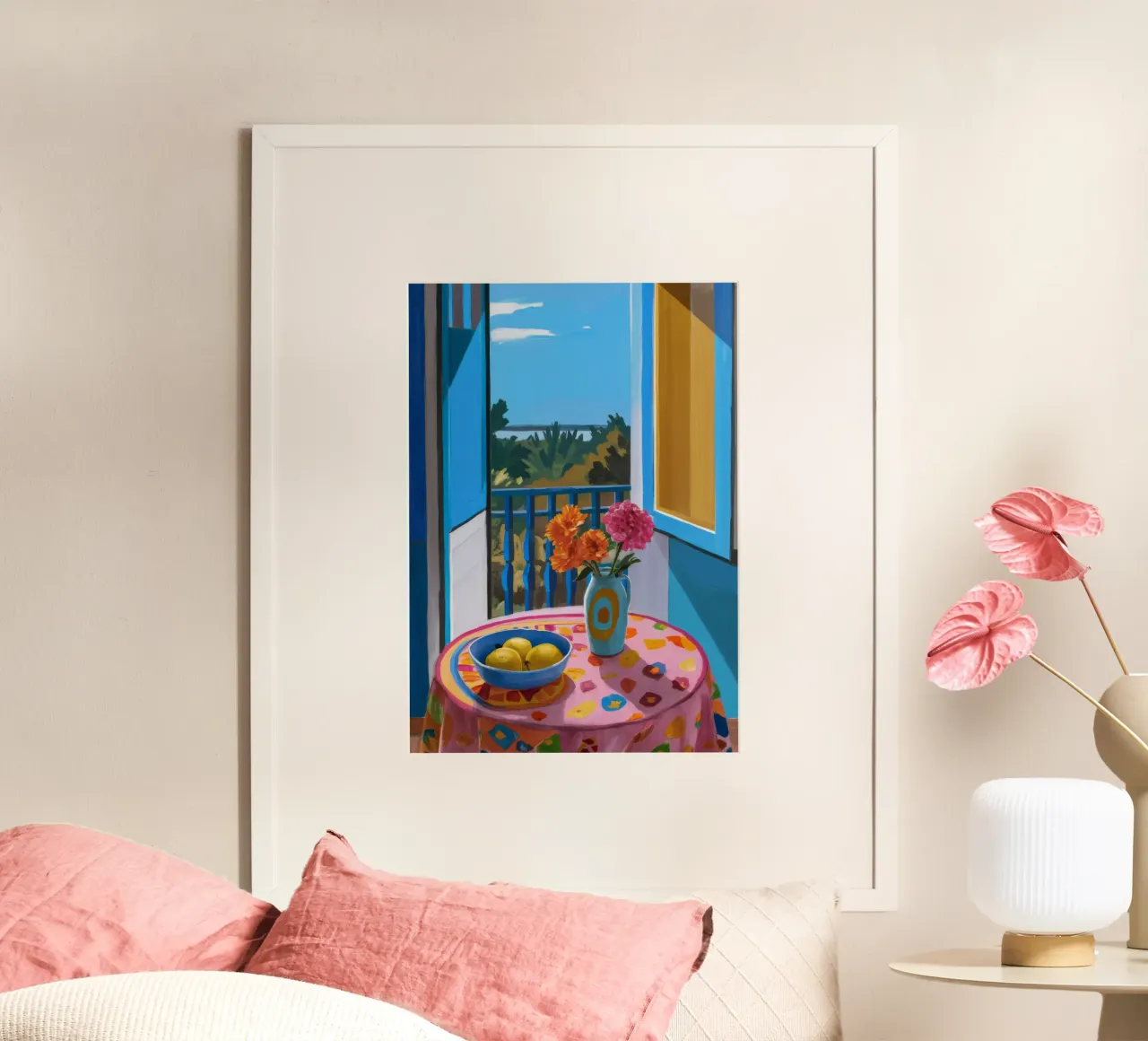 Balcon bleu vue mer poster avec cadre en aluminium de FadeAura