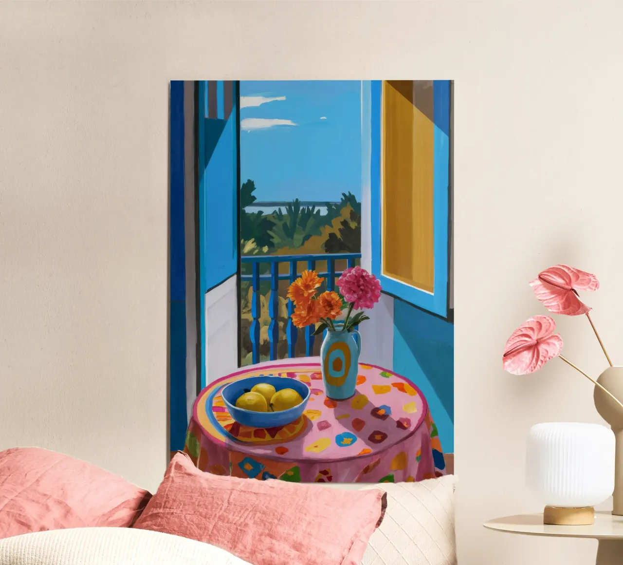 Balcon bleu vue mer poster avec cadre en aluminium de FadeAura