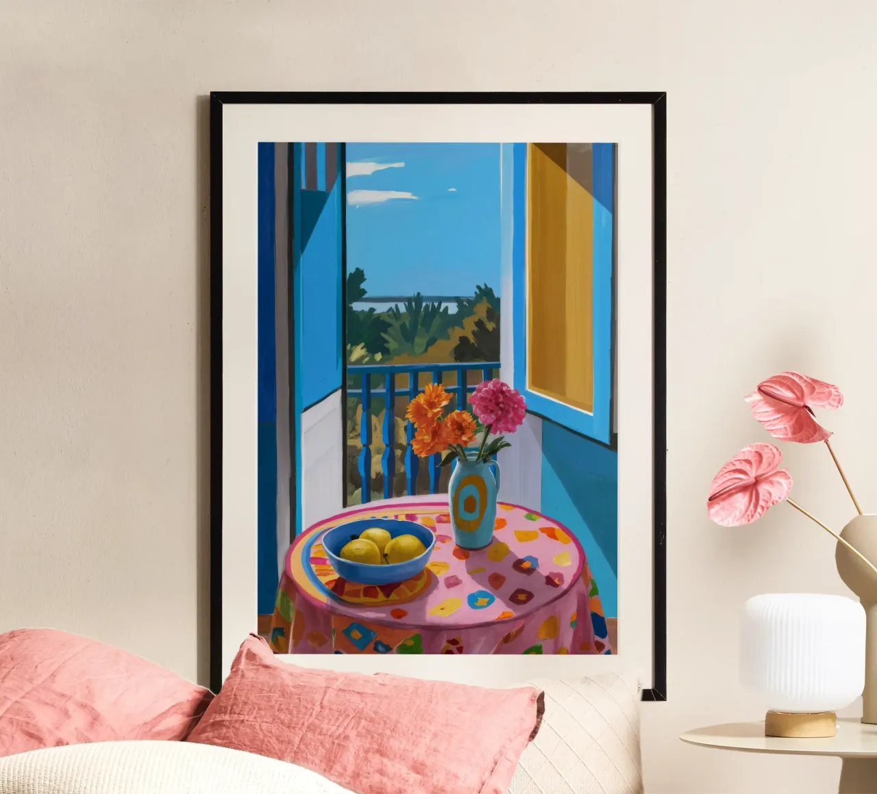 Balcon bleu vue mer poster avec cadre en aluminium de FadeAura