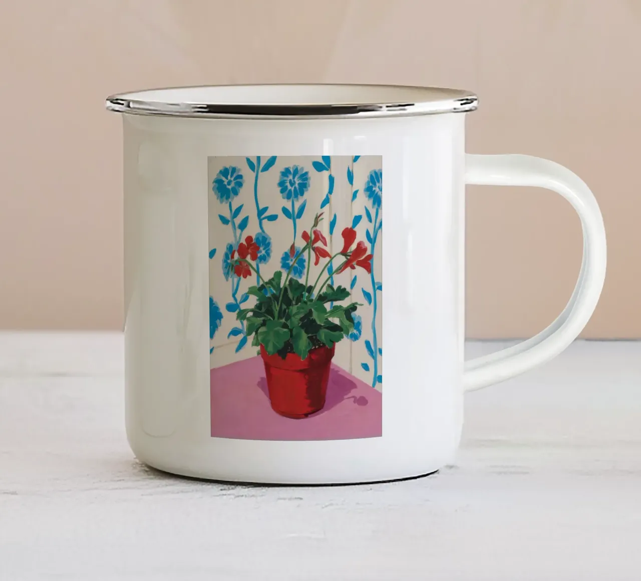 Vaso rosso Fiori blu tazza in smalto da Muse Artworks