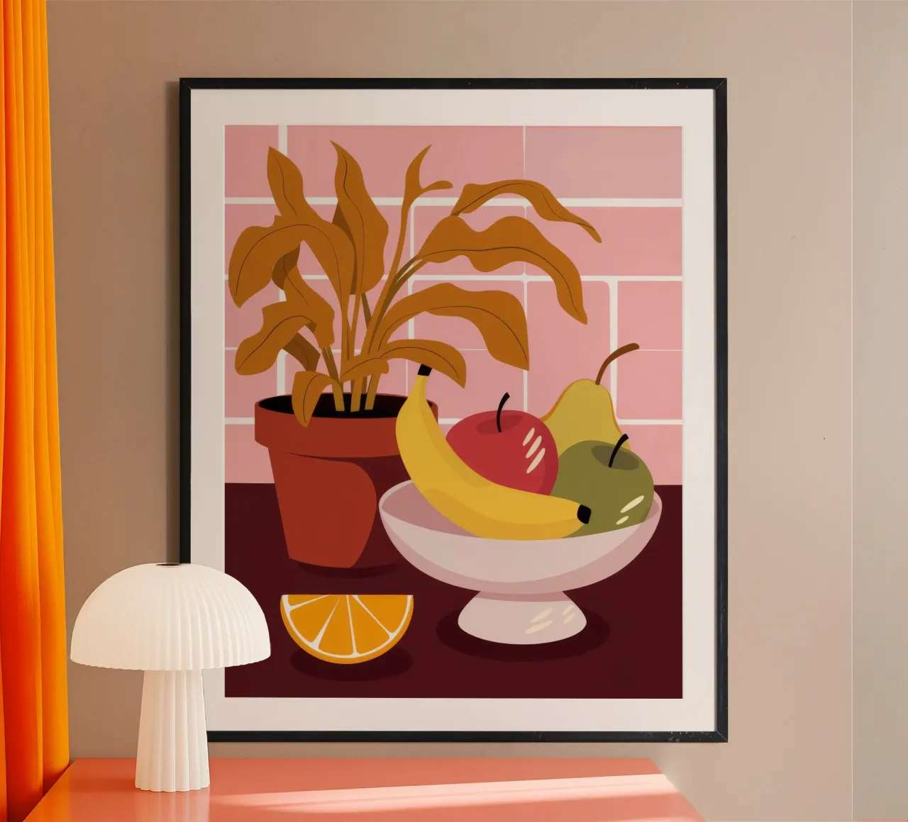 Ciotola di frutta Muro di mattoni poster con telaio in plastica da FadeAura