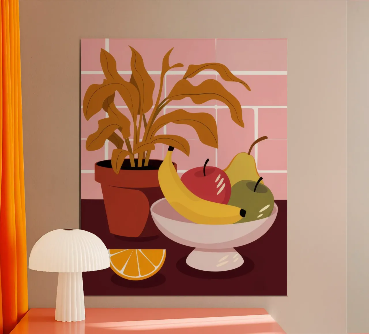 Ciotola di frutta Muro di mattoni poster con telaio in plastica da FadeAura