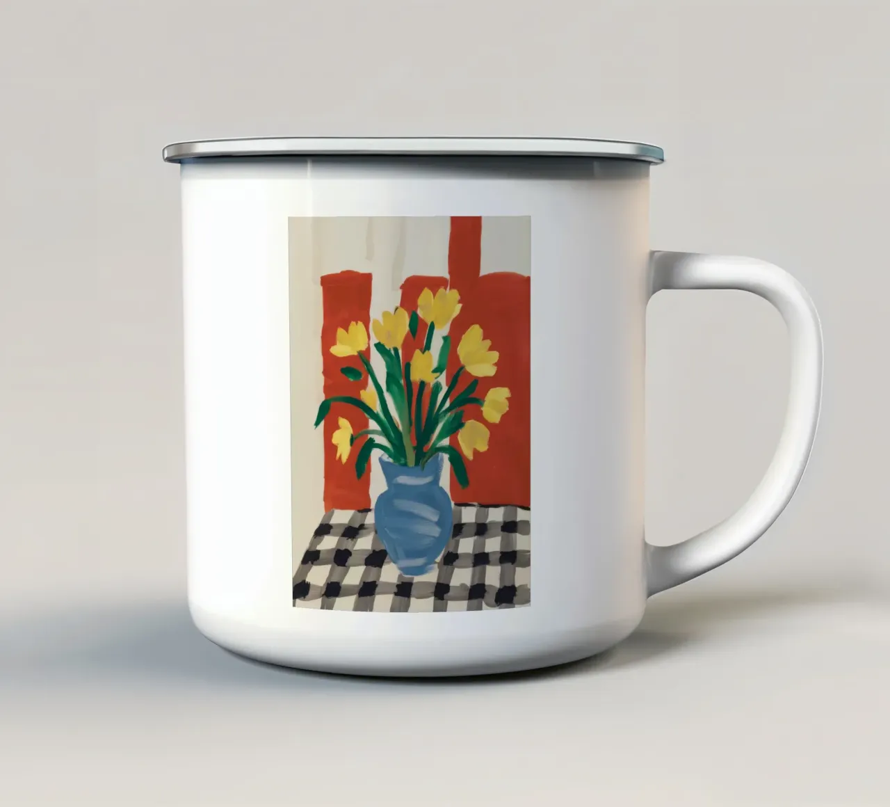 Natura morta a scacchi gialli tazza in smalto da Muse Artworks