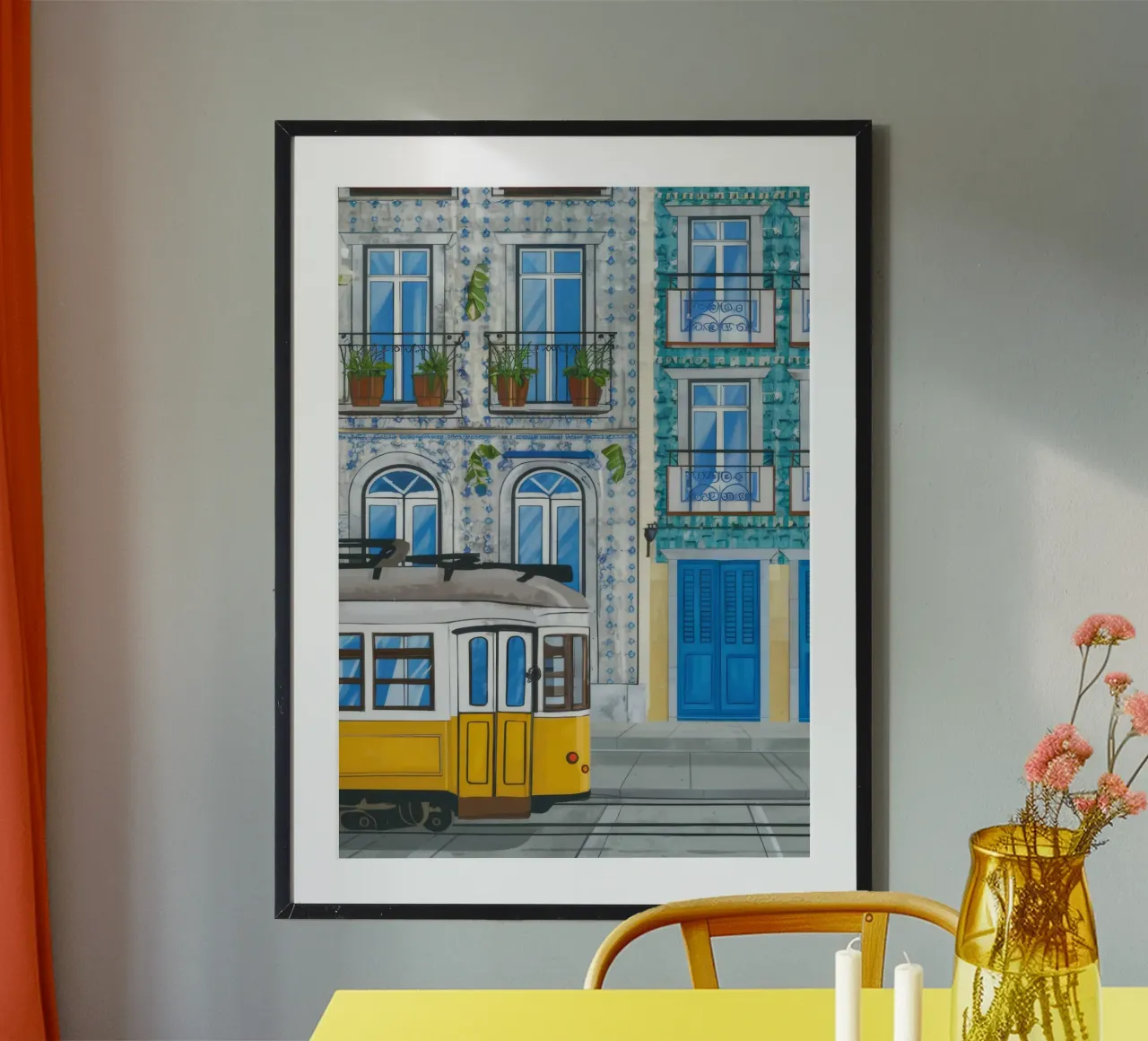 Balcone del tram di Lisbona poster con telaio in plastica da Muse Artworks