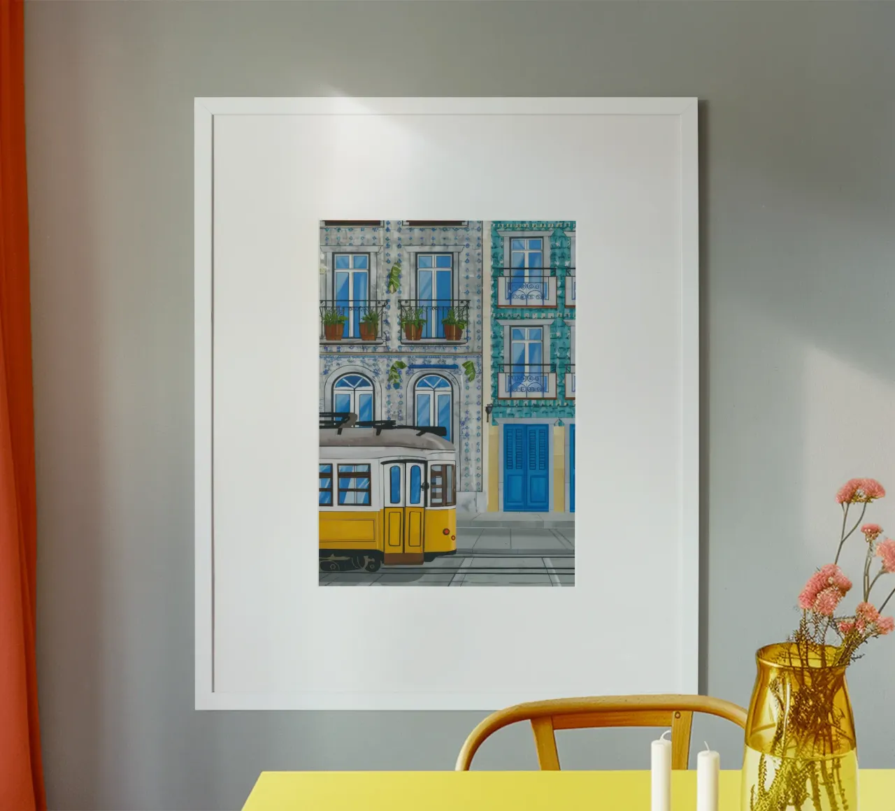 Balcone del tram di Lisbona poster con telaio in plastica da Muse Artworks