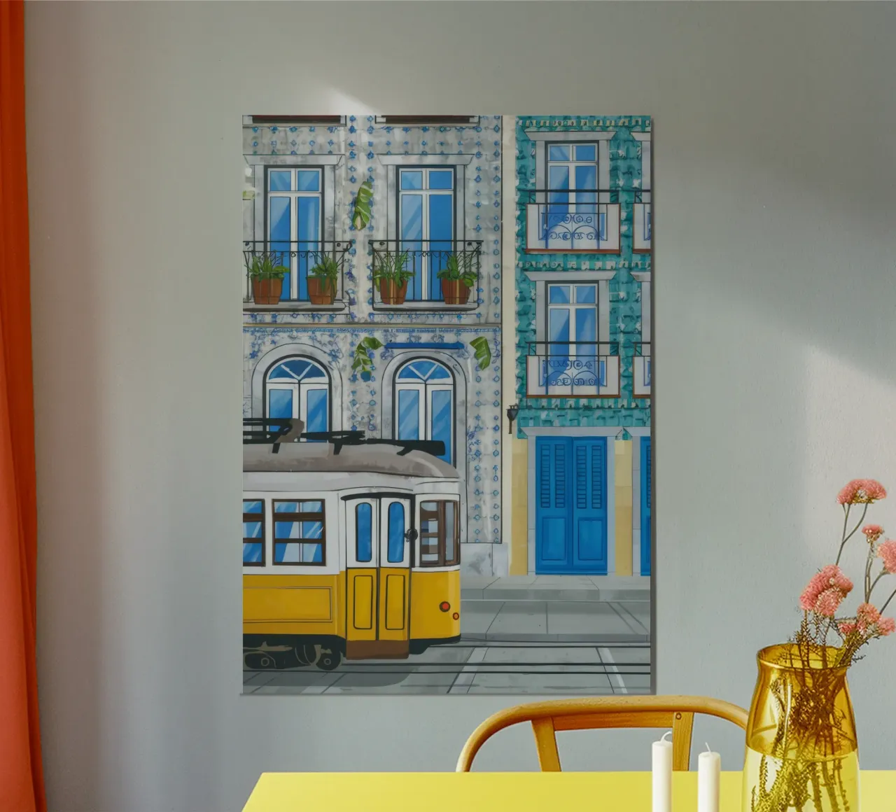Balcone del tram di Lisbona poster con telaio in plastica da Muse Artworks