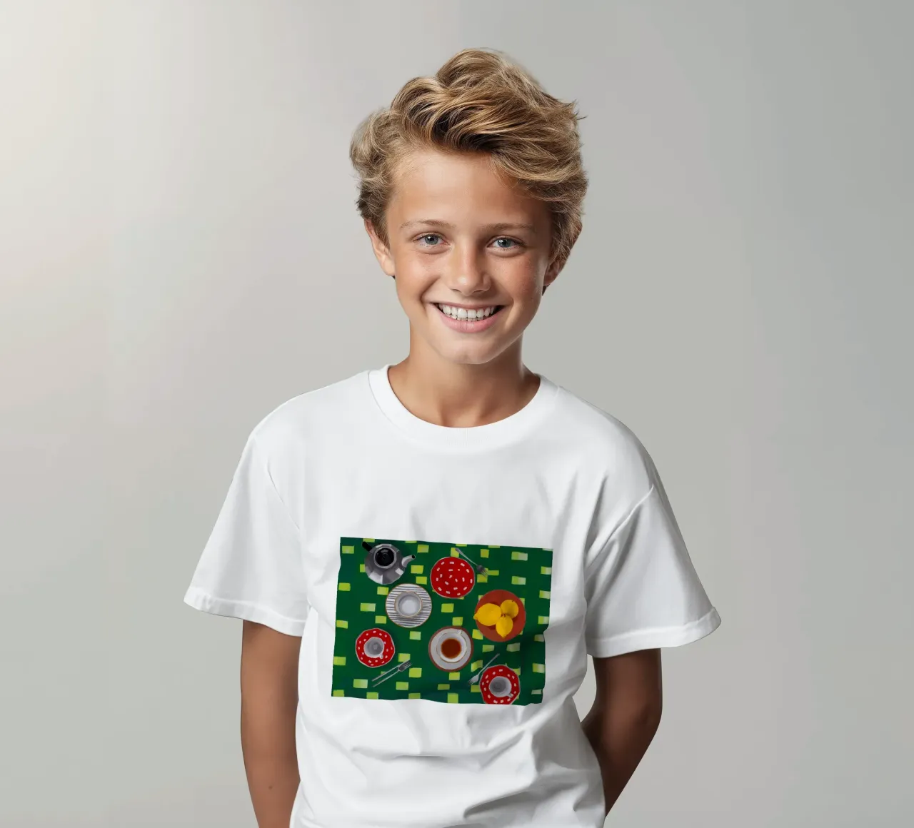 Green Checkered Teatime kids t-shirt by Stone Decade