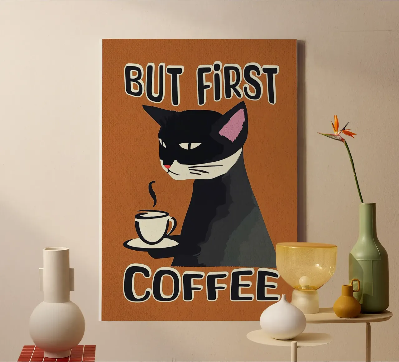 Gatto nero ma primo caffè tela con Cornice a cassetta da Arjun