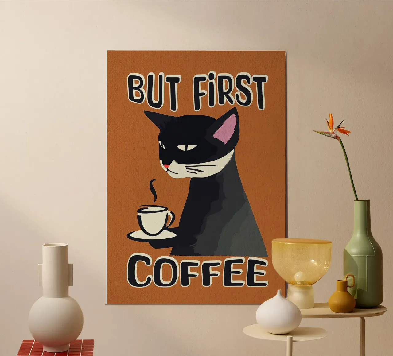 Gato Negro Pero Primero Café poster con marco de aluminio de Arjun