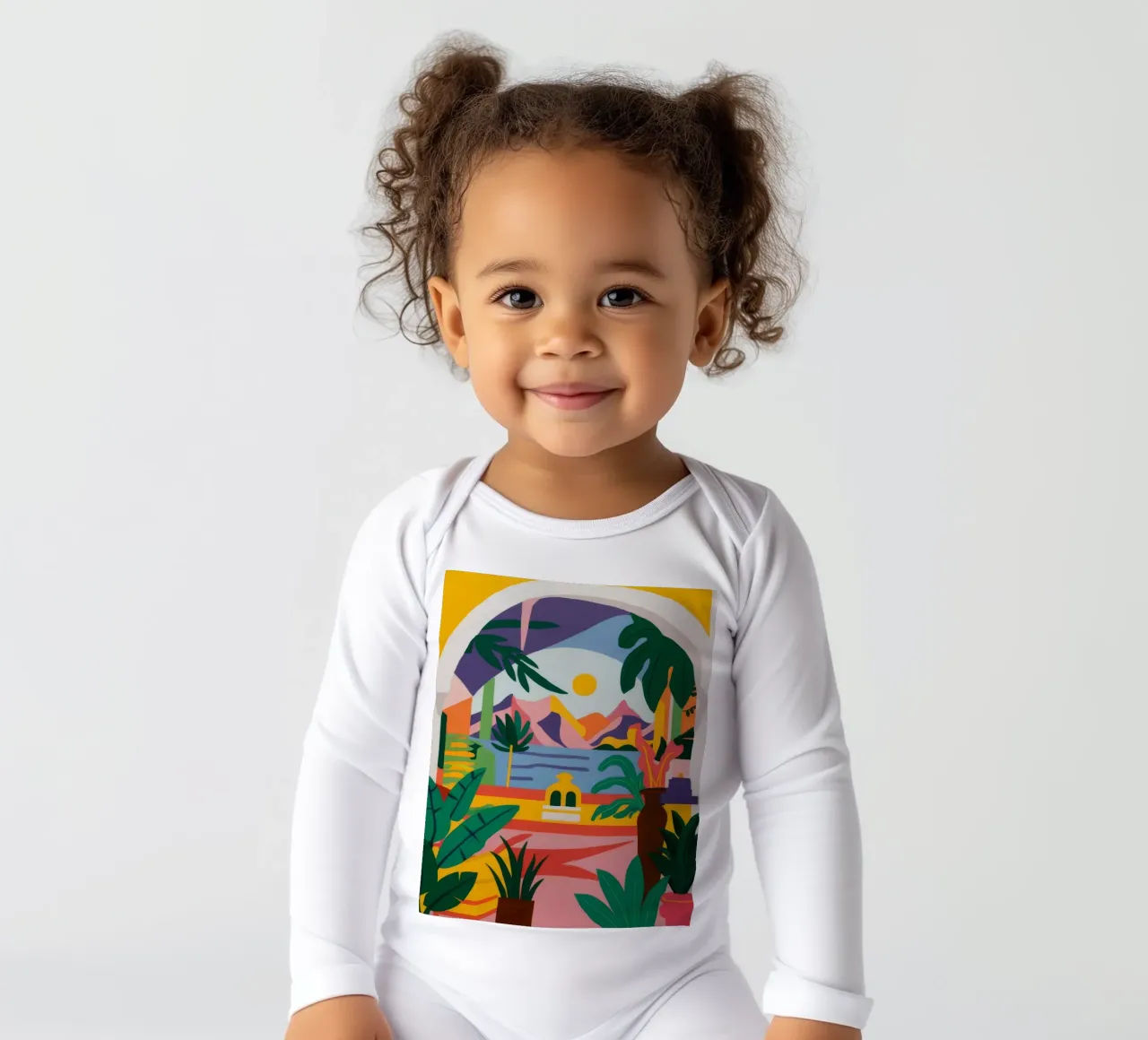 Arched Palm Vista long-sleeve baby romper by Muse Artworks