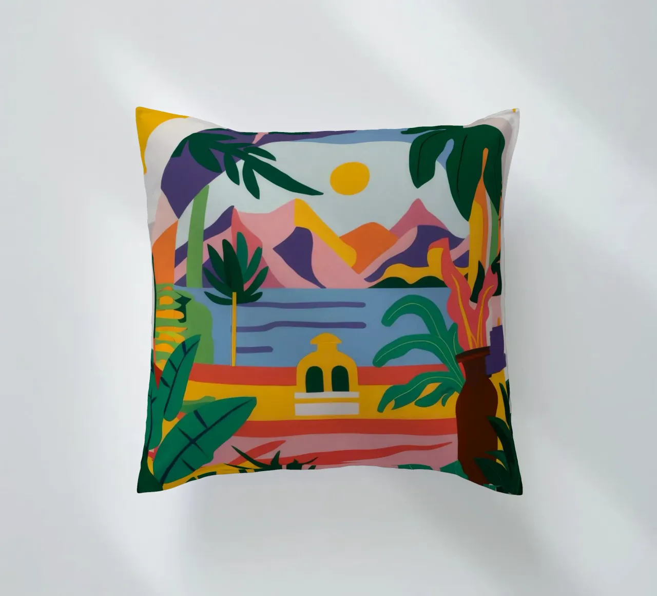 Arched Palm Vista decorative cushion by Muse Artworks