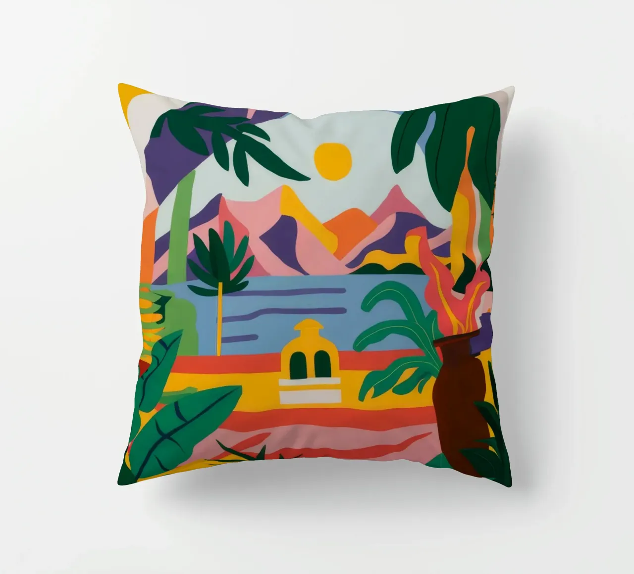 Arched Palm Vista decorative cushion by Muse Artworks