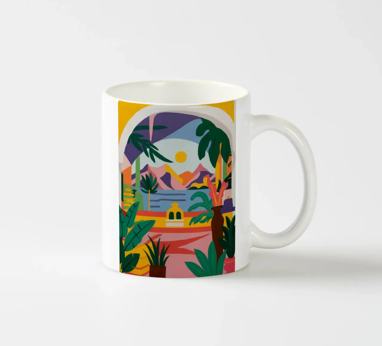 Gebogen palmuitzicht keramische mok van Muse Artworks