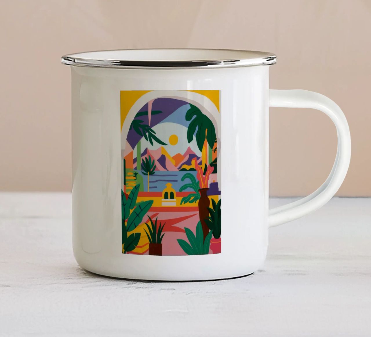 Vista ad arco con palma tazza in smalto da Muse Artworks