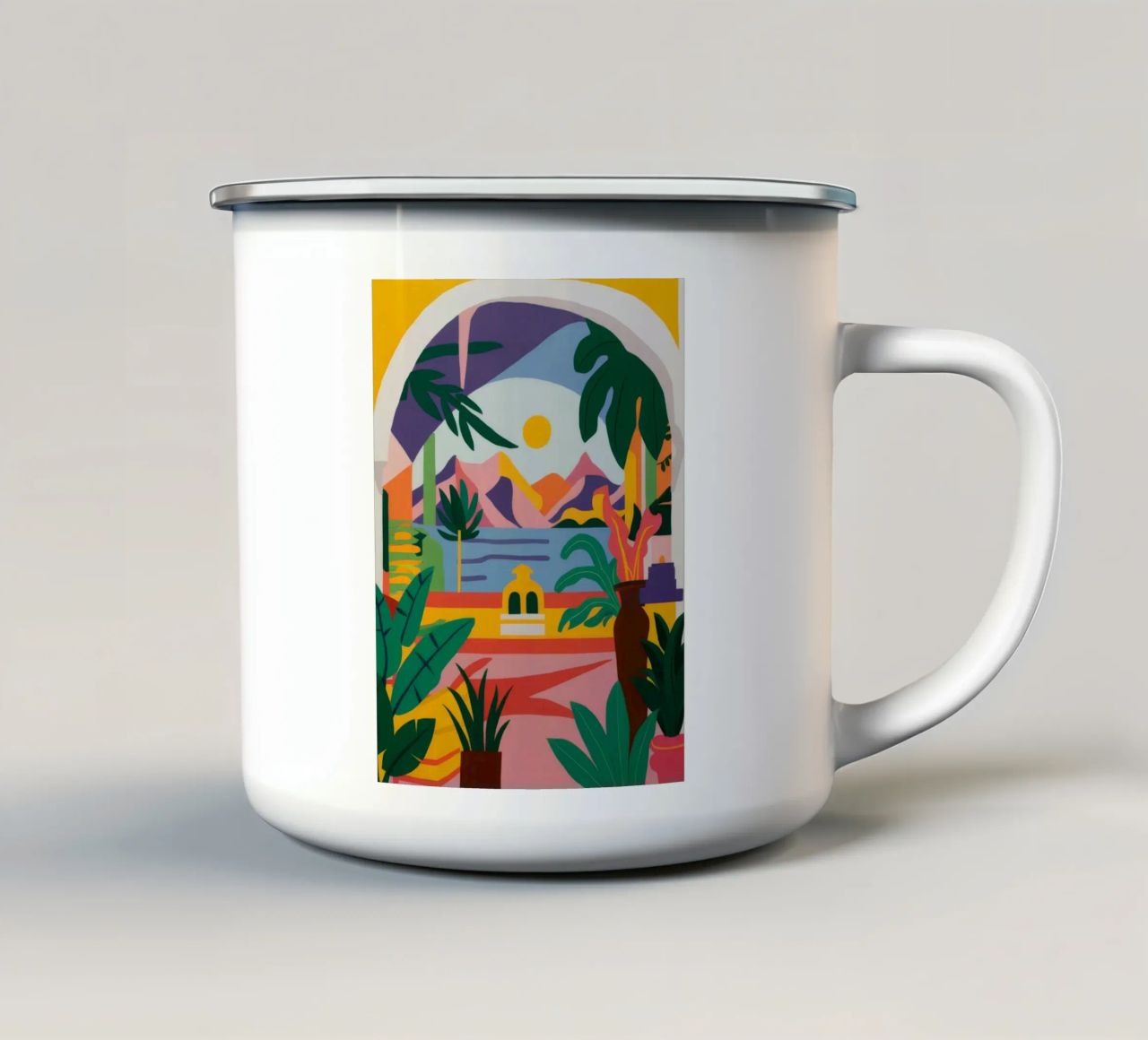 Vista ad arco con palma tazza in smalto da Muse Artworks