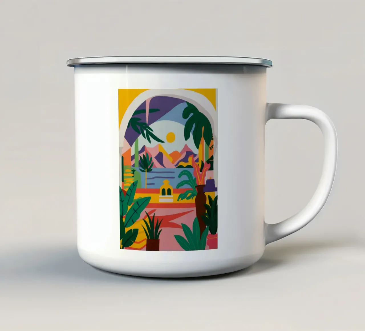 Vista ad arco con palma tazza in smalto da Muse Artworks