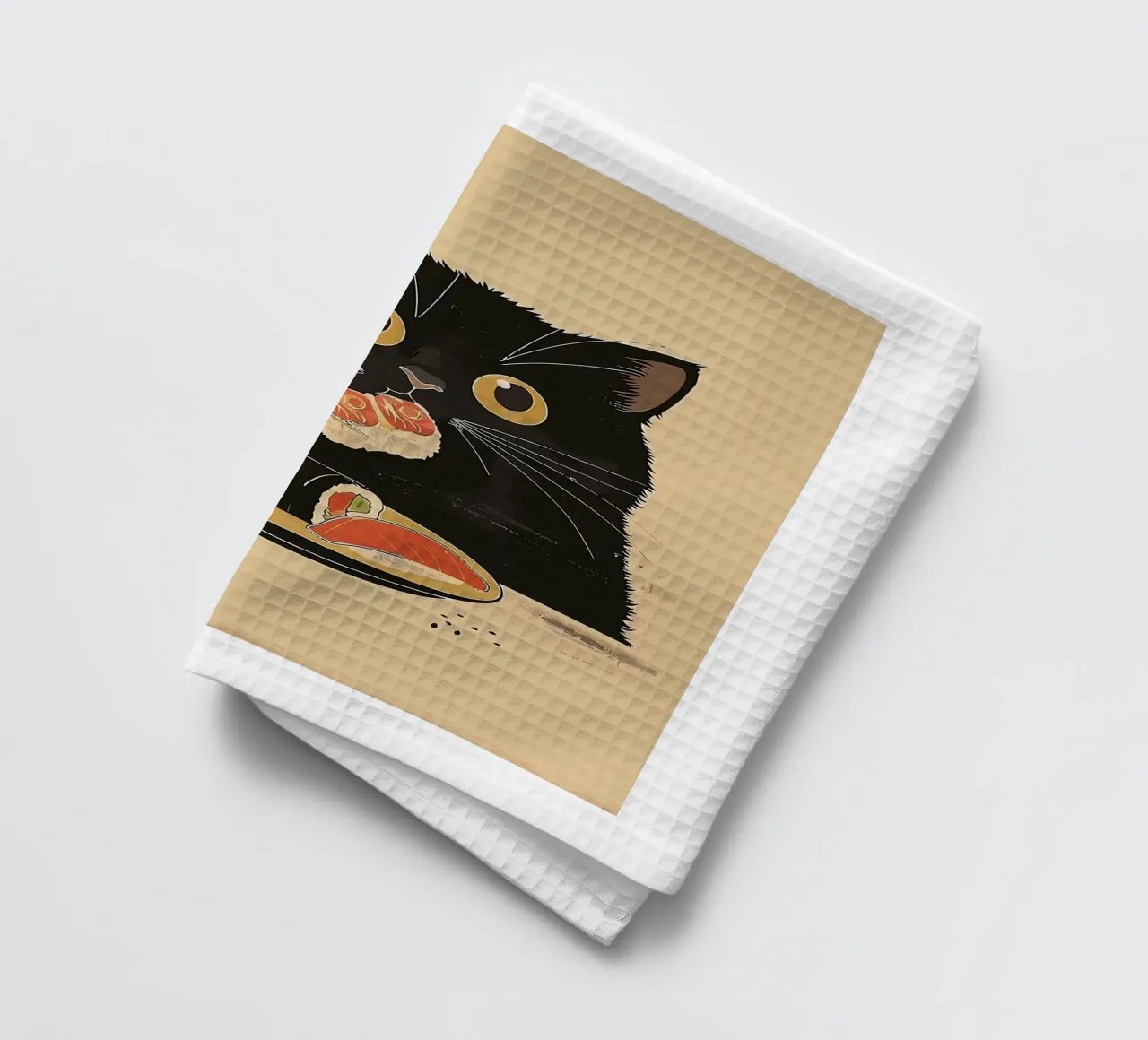 Chat noir mangeant des sushis torchon de Arjun