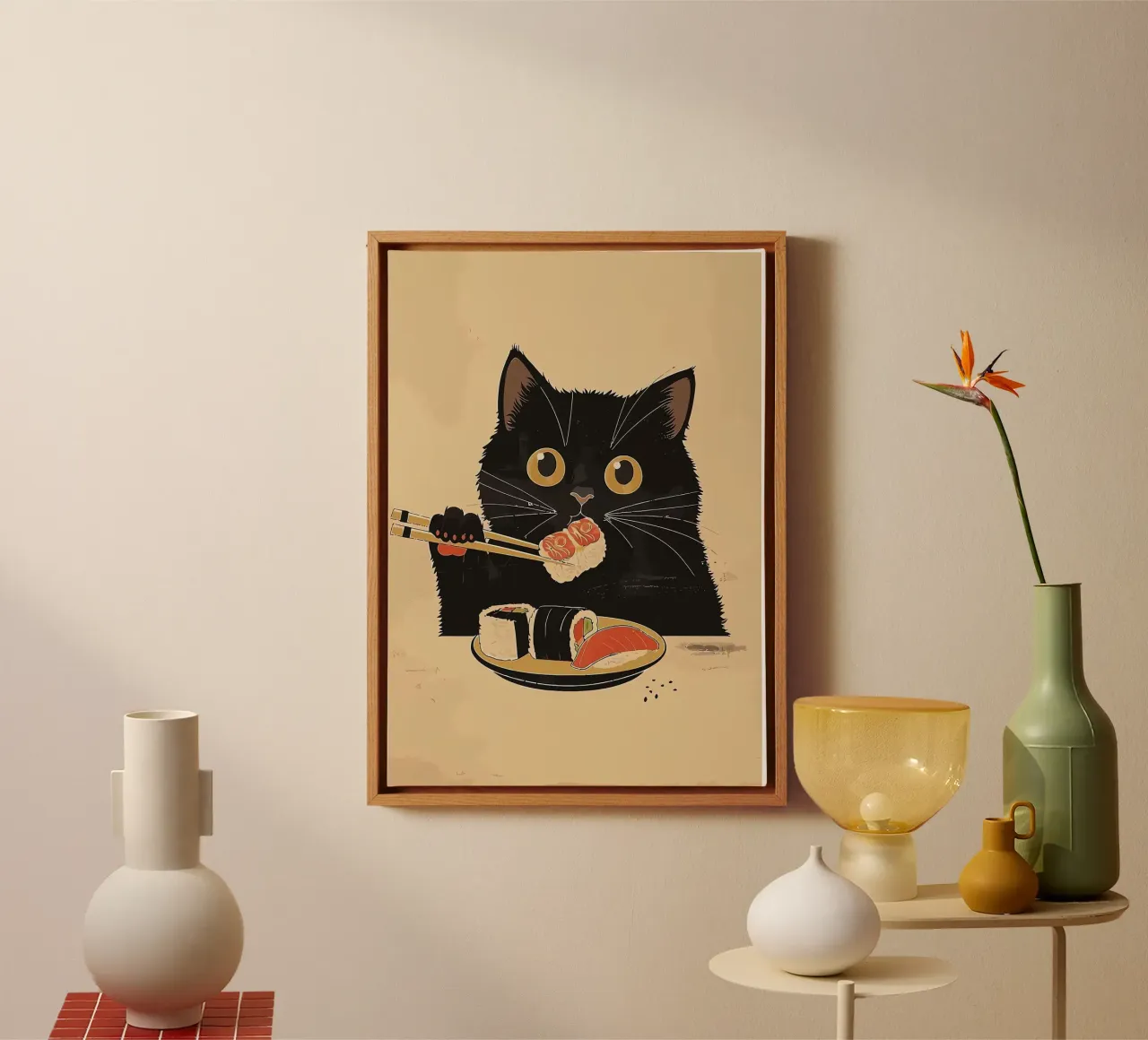 Zwarte kat eet sushi canvas met Baklijst van Arjun