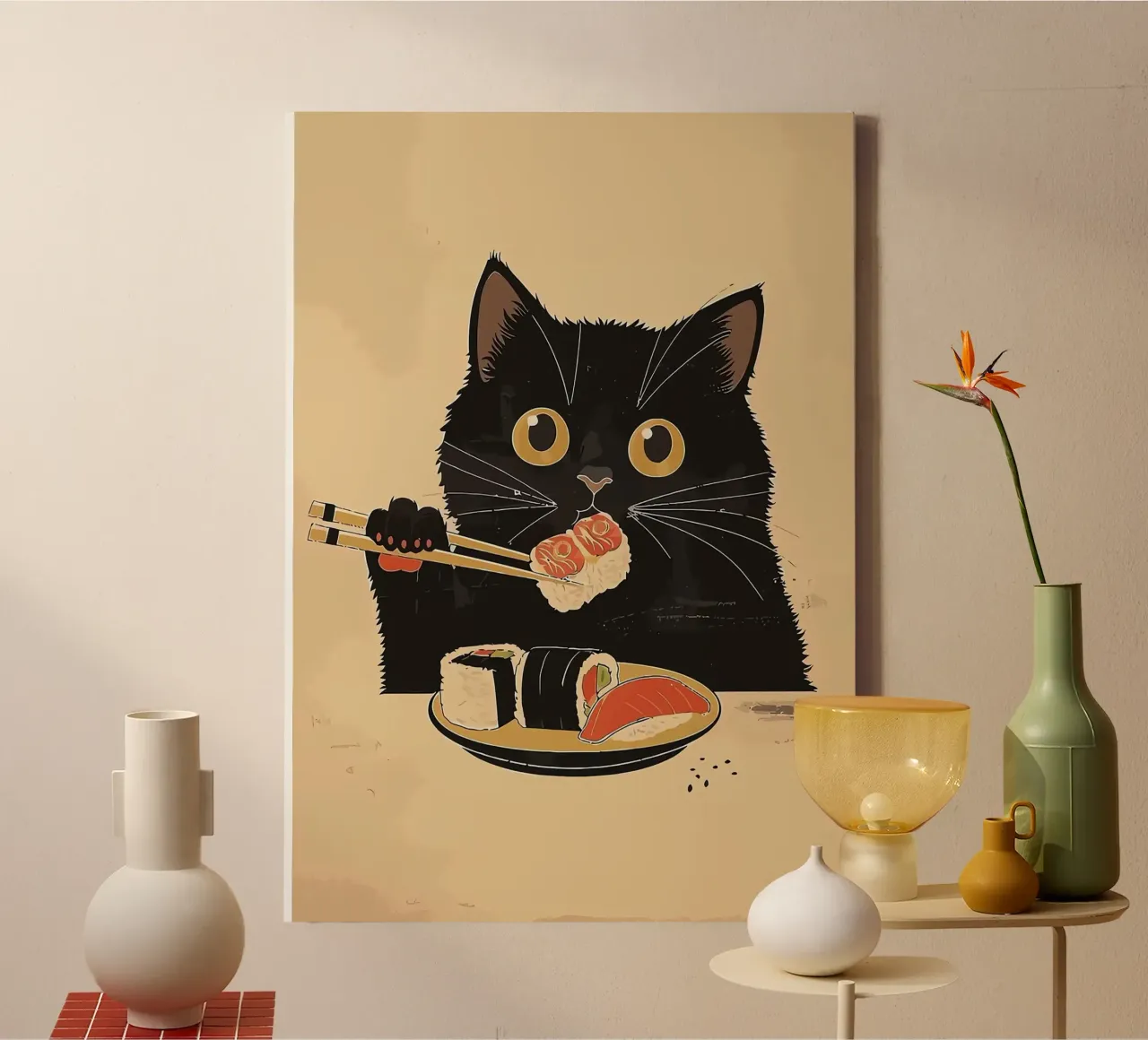 Zwarte kat eet sushi canvas met Baklijst van Arjun