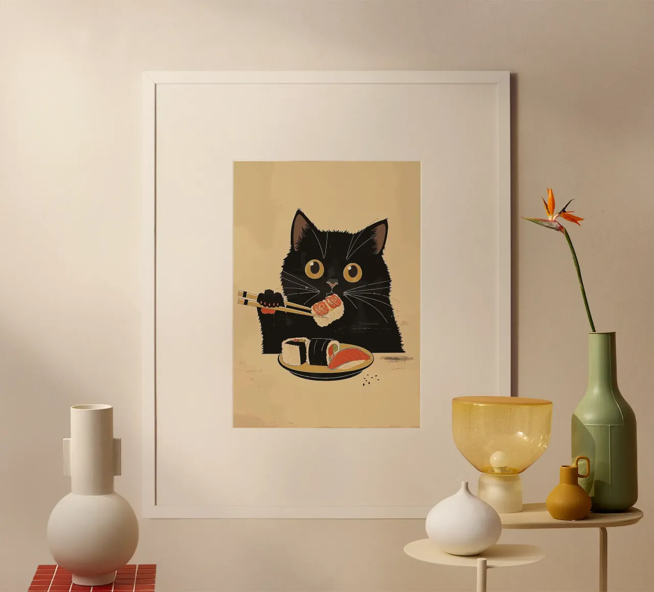 Gatto nero che mangia sushi poster con telaio in alluminio da Arjun