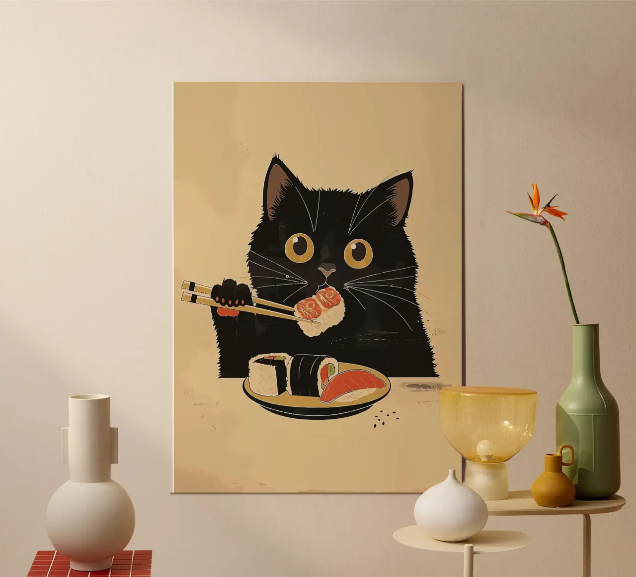 Gatto nero che mangia sushi poster con telaio in alluminio da Arjun