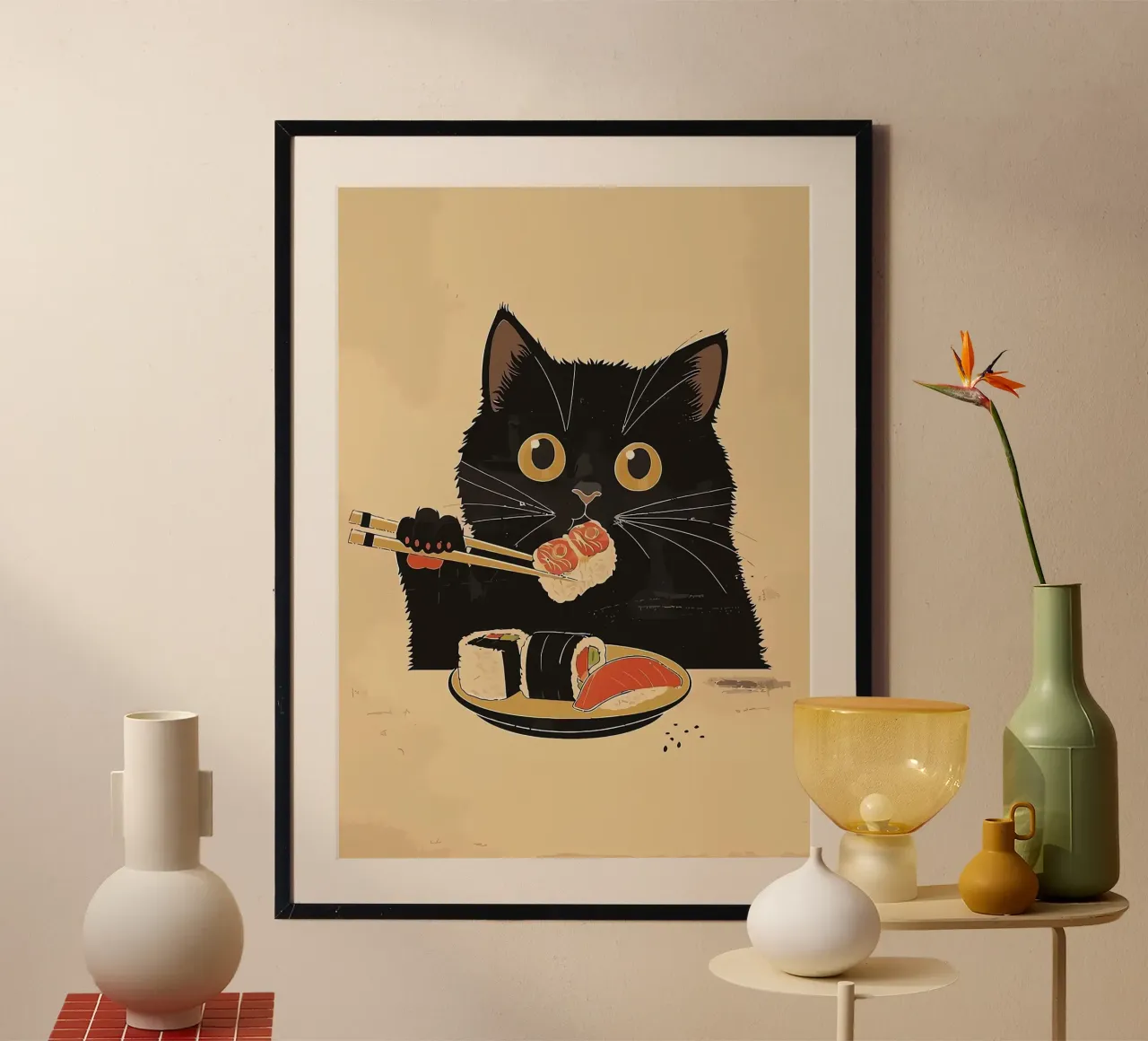 Gatto nero che mangia sushi poster con telaio in alluminio da Arjun