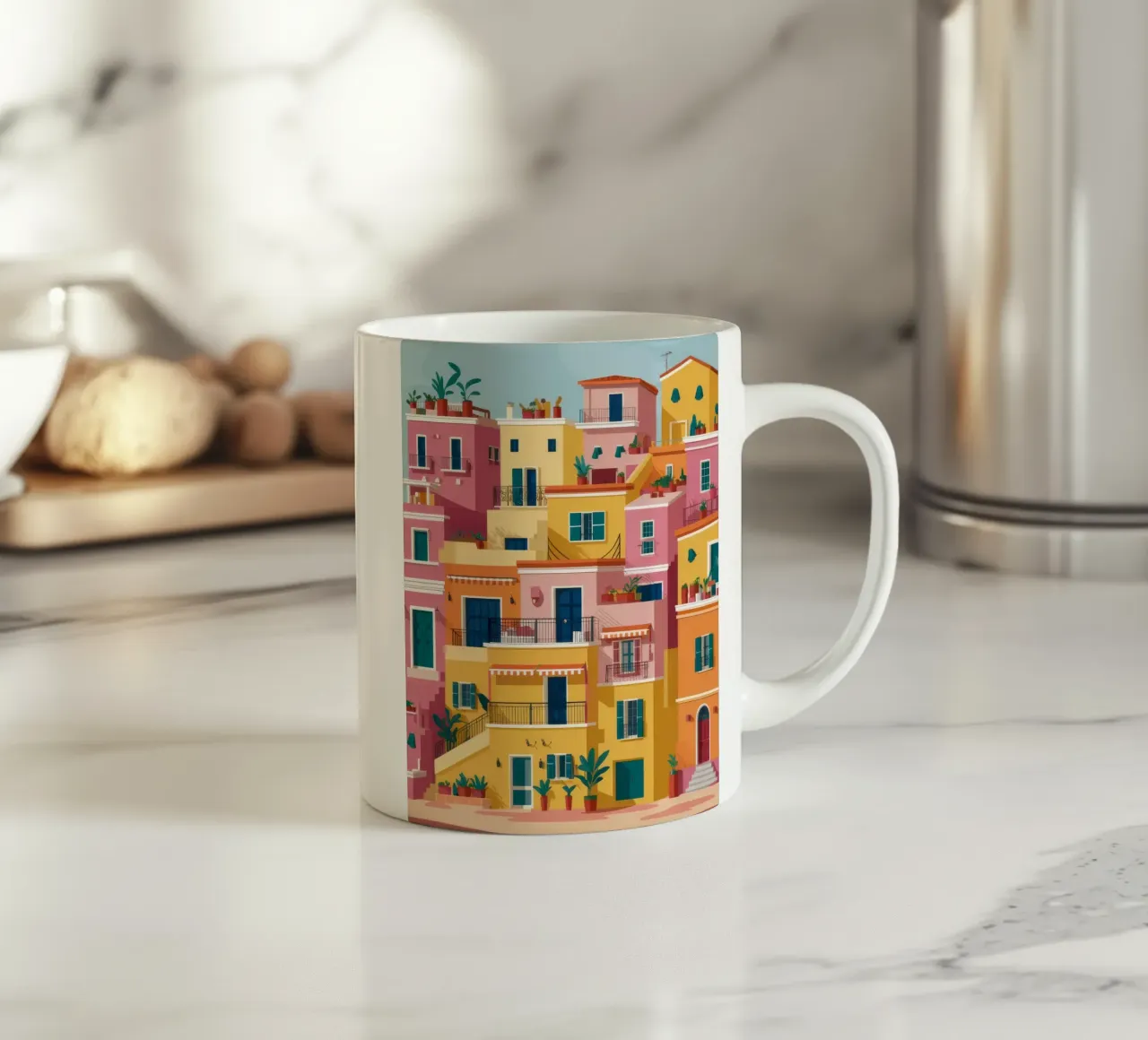 Villaggio colorato in collina tazza in ceramica da Muse Artworks