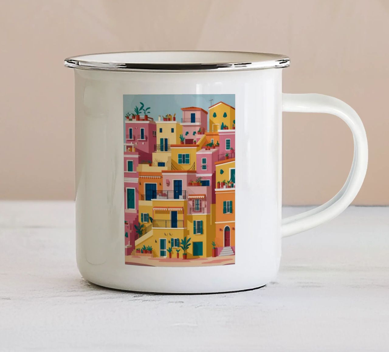 Villaggio colorato in collina tazza in smalto da Muse Artworks