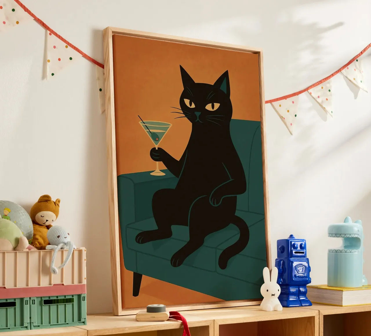 Zwarte Kat Martini canvas met Baklijst van Arjun