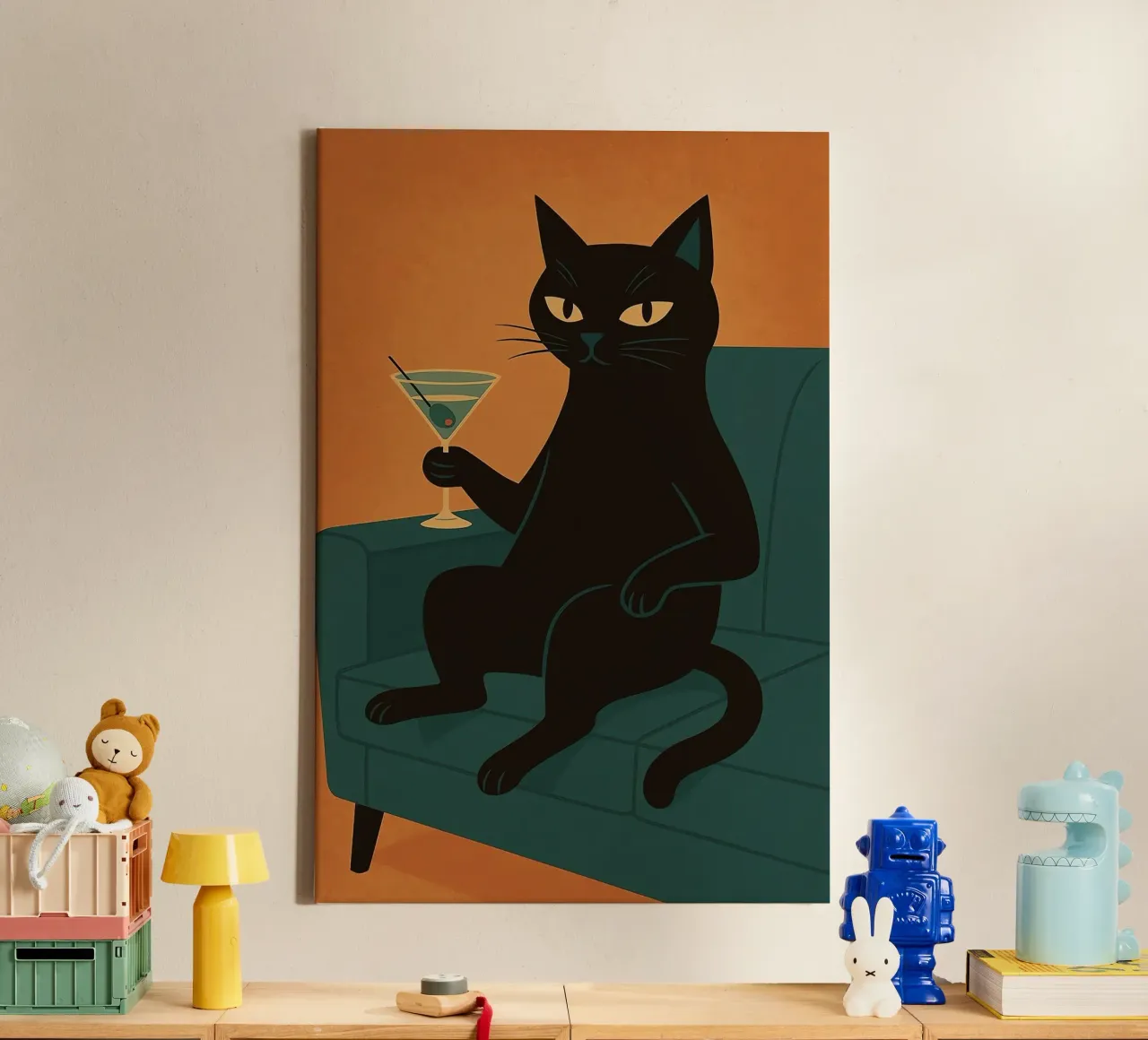 Zwarte Kat Martini canvas met Baklijst van Arjun