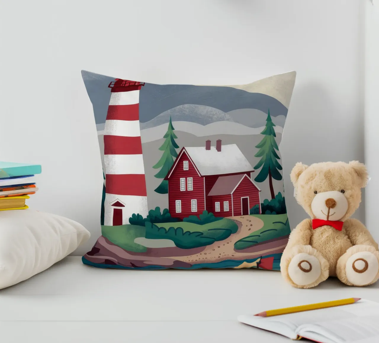 Red Lighthouse Coast decorative cushion by Muse Artworks