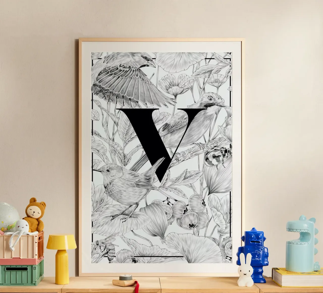 Floral Alphabet V poster with aluminum frame by Faunesque