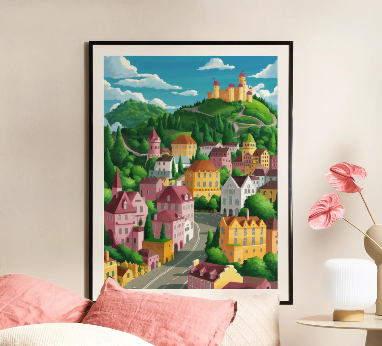 Panorama della città di Hilltop poster con telaio in alluminio da FadeAura