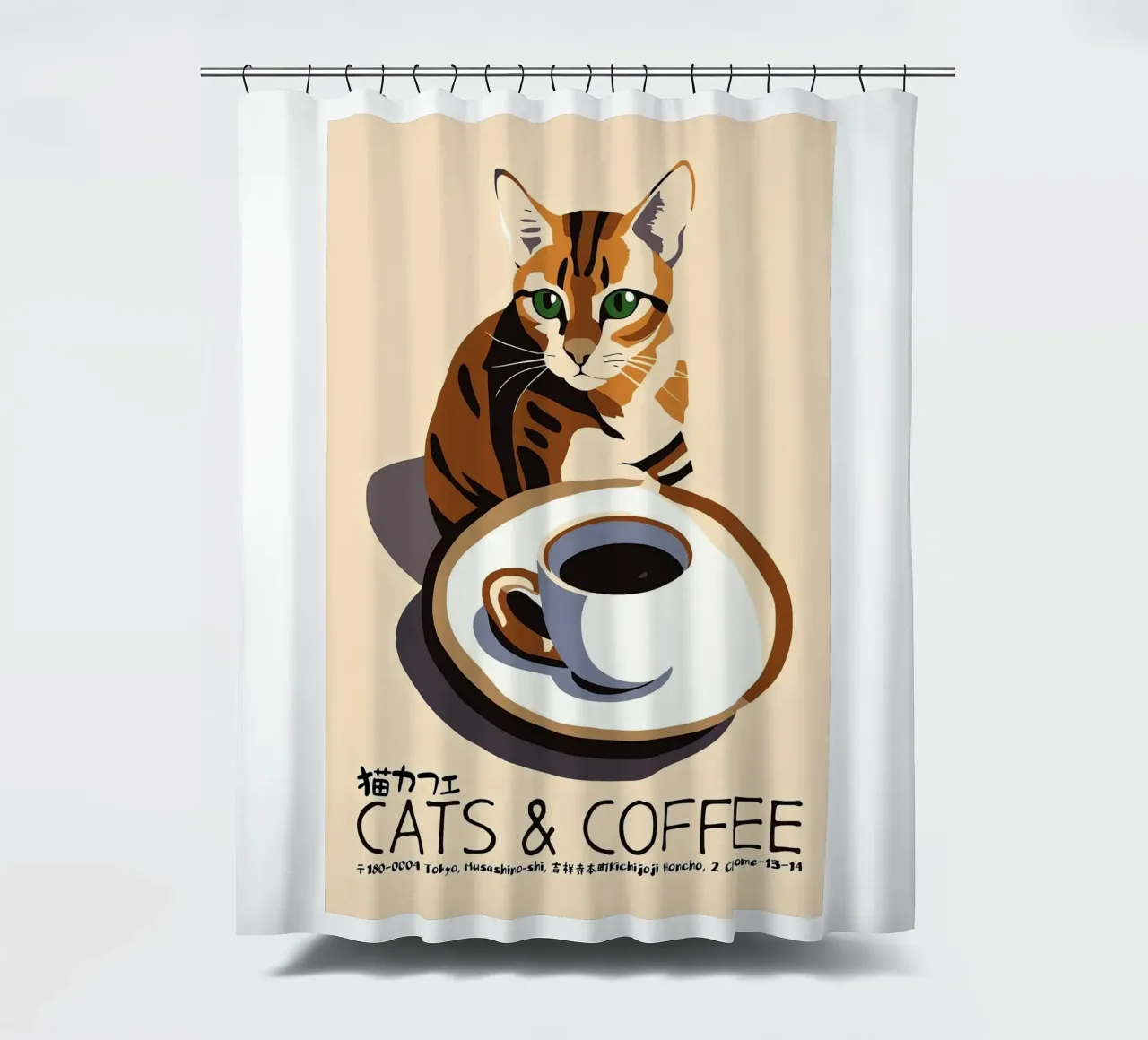 Gatto e caffè giapponese tenda da doccia da Arjun