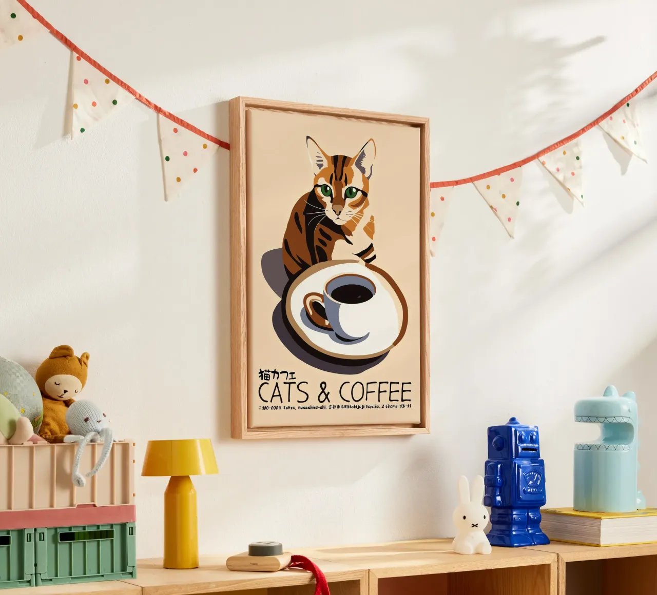Gatto e caffè giapponese tela con Cornice a cassetta da Arjun