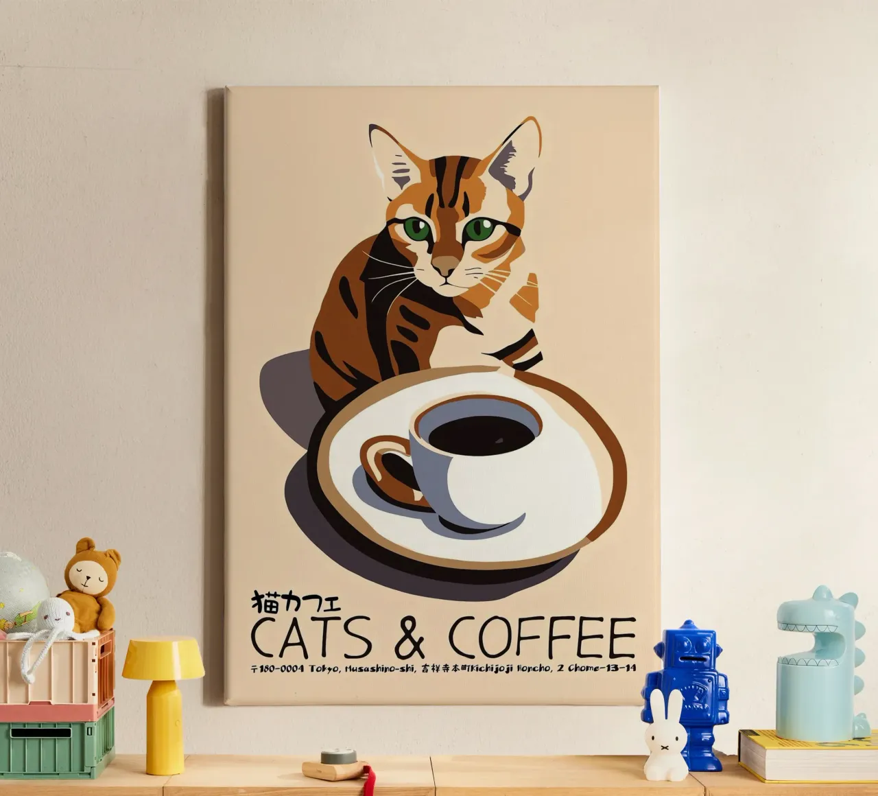 Gatto e caffè giapponese tela con Cornice a cassetta da Arjun