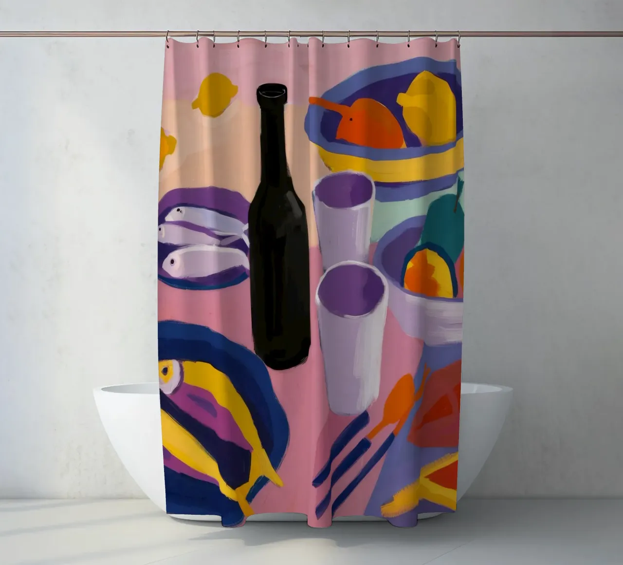 Fish and Wine Dinner shower curtain by Stone Decade