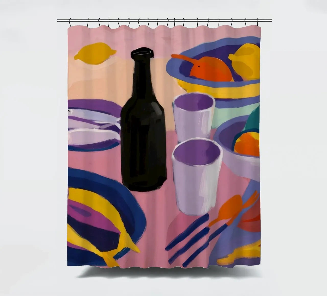 Fish and Wine Dinner shower curtain by Stone Decade